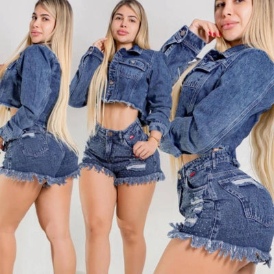 Conjunto Kira — Chaqueta Crop + Short Denim Destroyer