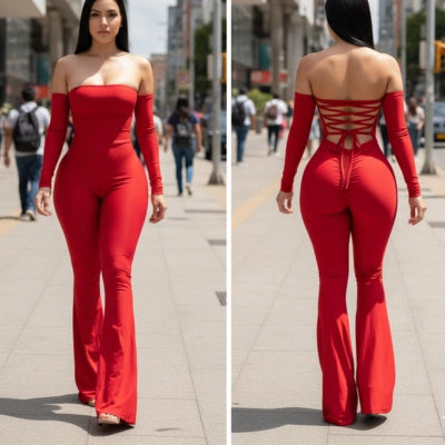 Enterizo Soleil — Strapless Bota Campana Tiras Cruzadas