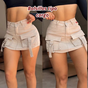 Falda Short Cargo En Dril Beis Strech
