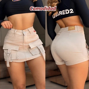 Falda Short Cargo En Dril Beis Strech