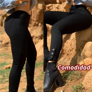 Jeans Negro Botones Bota En Tela Strech