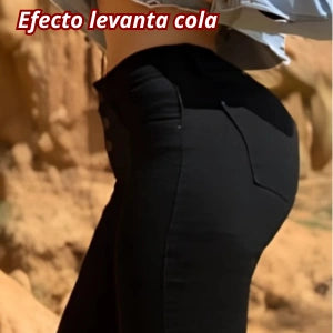 Jeans Negro Botones Bota En Tela Strech