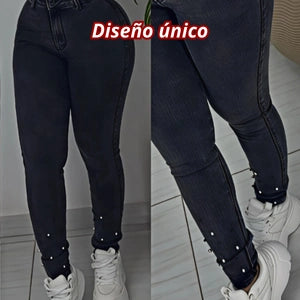 Jeans Skinny Gris Con Pedreria