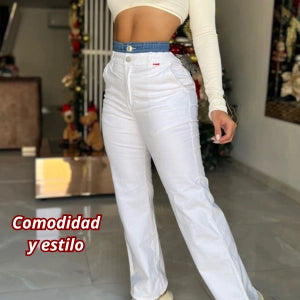 Pantalón Mom Flat Blanco Pretina Denim