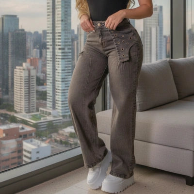 Jean Mom Flat Café Tendencia