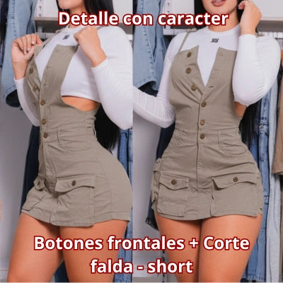La Braga Kaki — Falda Short Cargo en Drill Stretch
