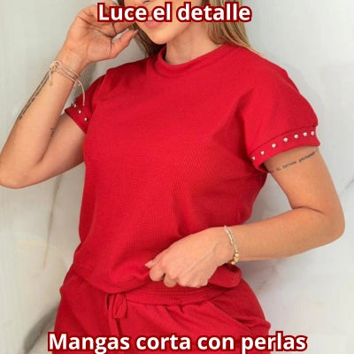 Conjunto Tela Galleta con Detalle de Perlas
