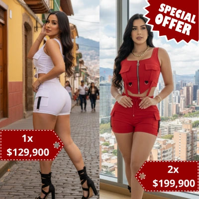 Conjunto Cargo Diva — Crop Top Zipper + Short Cargo en Bengalina Licrada