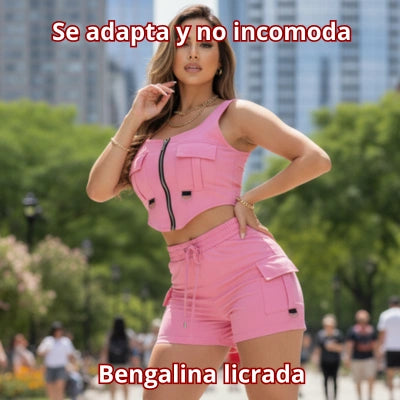 Conjunto Cargo Diva — Crop Top Zipper + Short Cargo en Bengalina Licrada