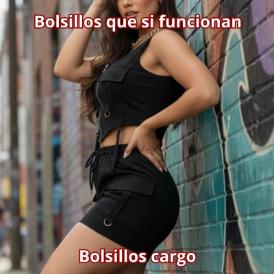 Conjunto Cargo Diva — Crop Top Zipper + Short Cargo en Bengalina Licrada
