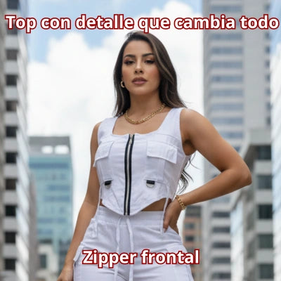 Conjunto Cargo Diva — Crop Top Zipper + Short Cargo en Bengalina Licrada