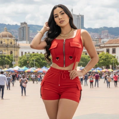Conjunto Cargo Diva — Crop Top Zipper + Short Cargo en Bengalina Licrada