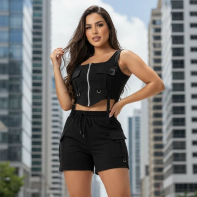 Conjunto Cargo Diva — Crop Top Zipper + Short Cargo en Bengalina Licrada