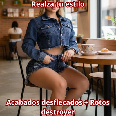 Conjunto Kira — Chaqueta Crop + Short Denim Destroyer