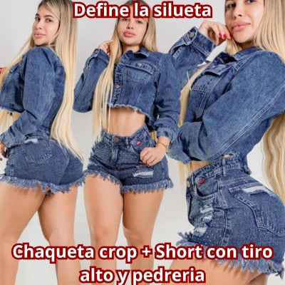 Conjunto Kira — Chaqueta Crop + Short Denim Destroyer