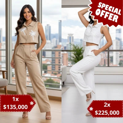 Conjunto Crop Top Sin Mangas & Pantalón Tiro Alto
