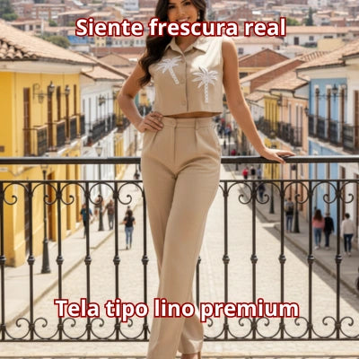 Conjunto Crop Top Sin Mangas & Pantalón Tiro Alto