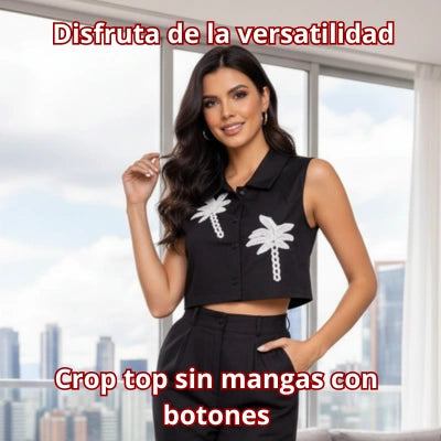 Conjunto Crop Top Sin Mangas & Pantalón Tiro Alto