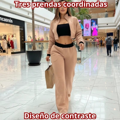 TRES EN UNO — Conjunto 3 Piezas Algodón Perchado Chaqueta Crop + Pantalón Wide Leg + Top