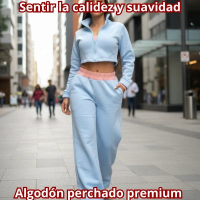 TRES EN UNO — Conjunto 3 Piezas Algodón Perchado Chaqueta Crop + Pantalón Wide Leg + Top