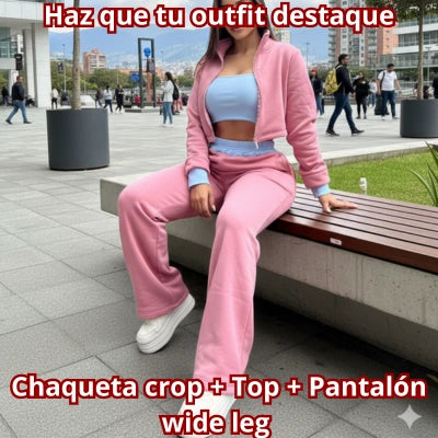 TRES EN UNO — Conjunto 3 Piezas Algodón Perchado Chaqueta Crop + Pantalón Wide Leg + Top