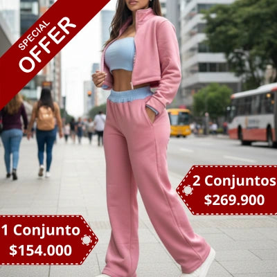 TRES EN UNO — Conjunto 3 Piezas Algodón Perchado Chaqueta Crop + Pantalón Wide Leg + Top