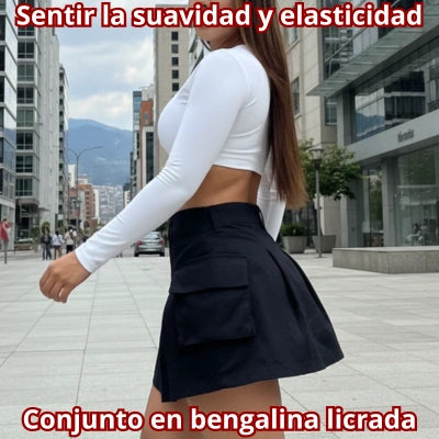 Conjunto Falda Short Prenses & Croptop Manga Larga