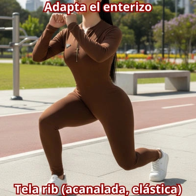 UNA SOLA PIEZA — Enterizo Manga Larga Rib Cremallera Frontal