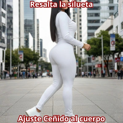 UNA SOLA PIEZA — Enterizo Manga Larga Rib Cremallera Frontal