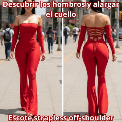 Enterizo Soleil — Strapless Bota Campana Tiras Cruzadas