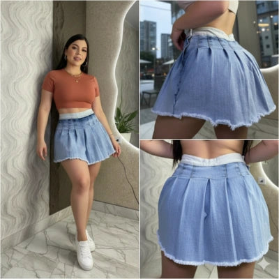 Falda Lía — Short Plisada Denim Tiro Alto
