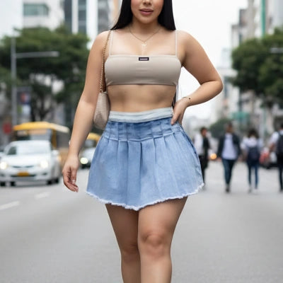 Falda Lía — Short Plisada Denim Tiro Alto