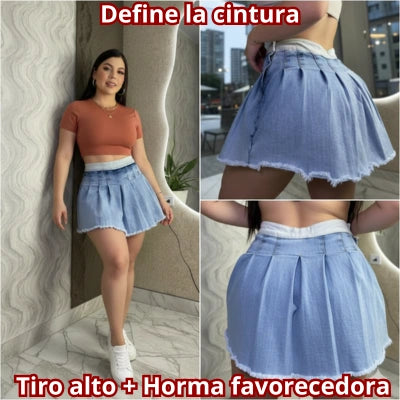 Falda Lía — Short Plisada Denim Tiro Alto