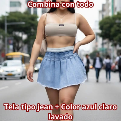 Falda Lía — Short Plisada Denim Tiro Alto