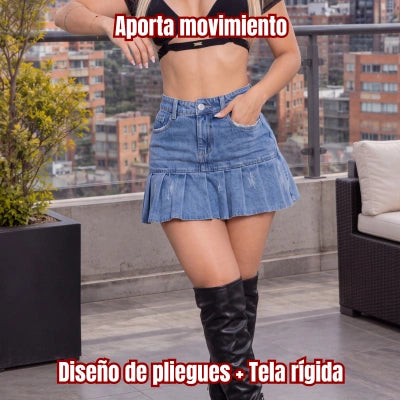 Falda Denim Vuelo Libre – Tiro Alto Plisada