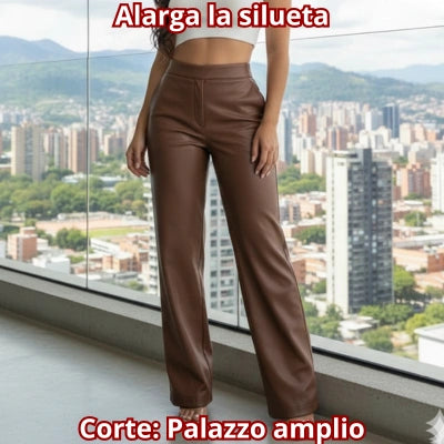 PALAZZO NOIR — Pantalón Cuerina Stretch con Corte Palazzo