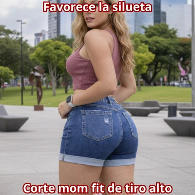 CLÁSICA REINA — Short Mom Fit Denim Azul Oscuro