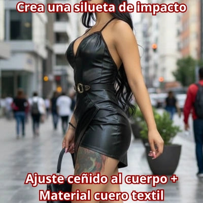 Vestido Cuerina Negro Sobrefalda