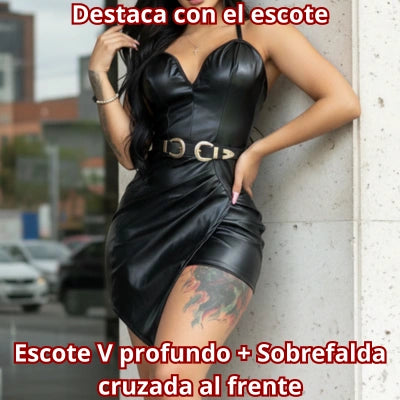 Vestido Cuerina Negro Sobrefalda